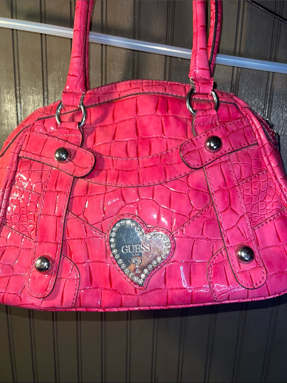 GUESS Hot Pink Faux Croc-Embossed Patent Satchel with Rhinestone Heart Emblem